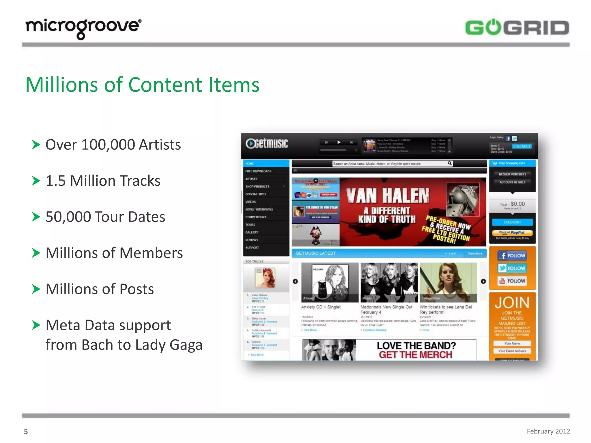 Millions of Content Items

     Over 100,000 Artists

     1.5 Million Tracks

     50,000 Tour Dates

     Millions of Members

     Millions of Posts

     Meta Data support
      from Bach to Lady Gaga




5                              February 2012
 