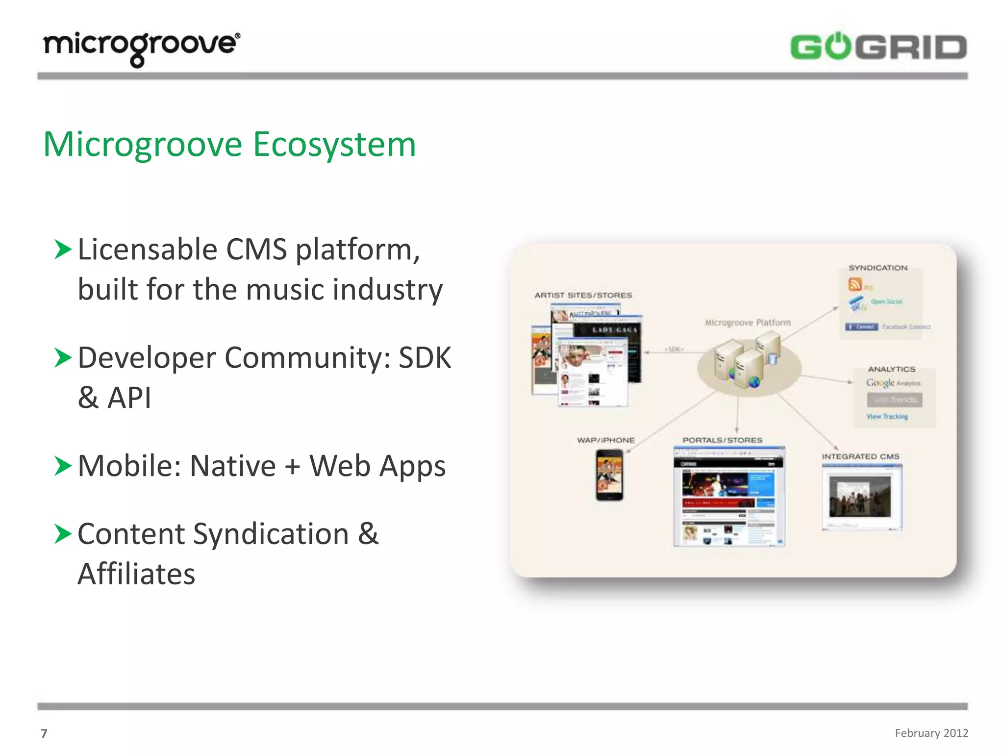 Microgroove Ecosystem

     Licensable CMS platform,
     built for the music industry

     Developer Community: SDK
     & API

     Mobile: Native + Web Apps

     Content Syndication &
     Affiliates



7                                   February 2012
 