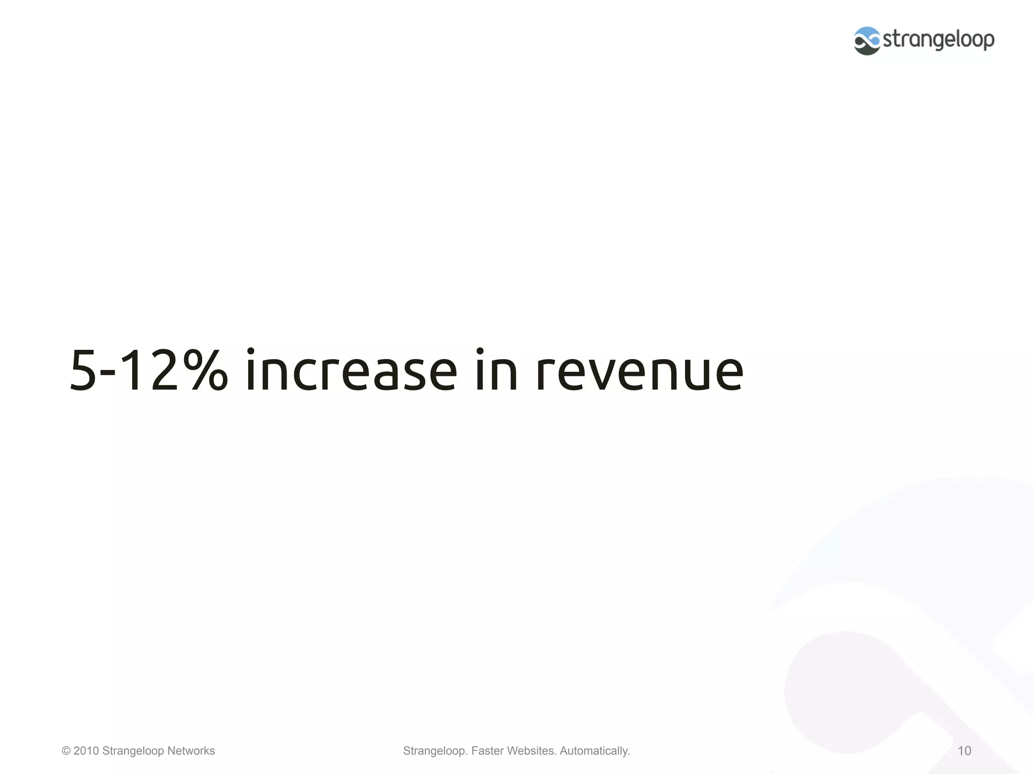 5-12% increase in revenue	




© 2010 Strangeloop Networks   Strangeloop. Faster Websites. Automatically.   10
 