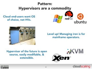 Pattern:
           Hypervisors are a commodity

Cloud end-users want OS
   of choice, not HVs.




                                     Level up! Managing iron is for
                                         mainframe operators.




  Hypervisor of the future is open
    source, easily modiﬁable, &
            extensible.


                                31
 