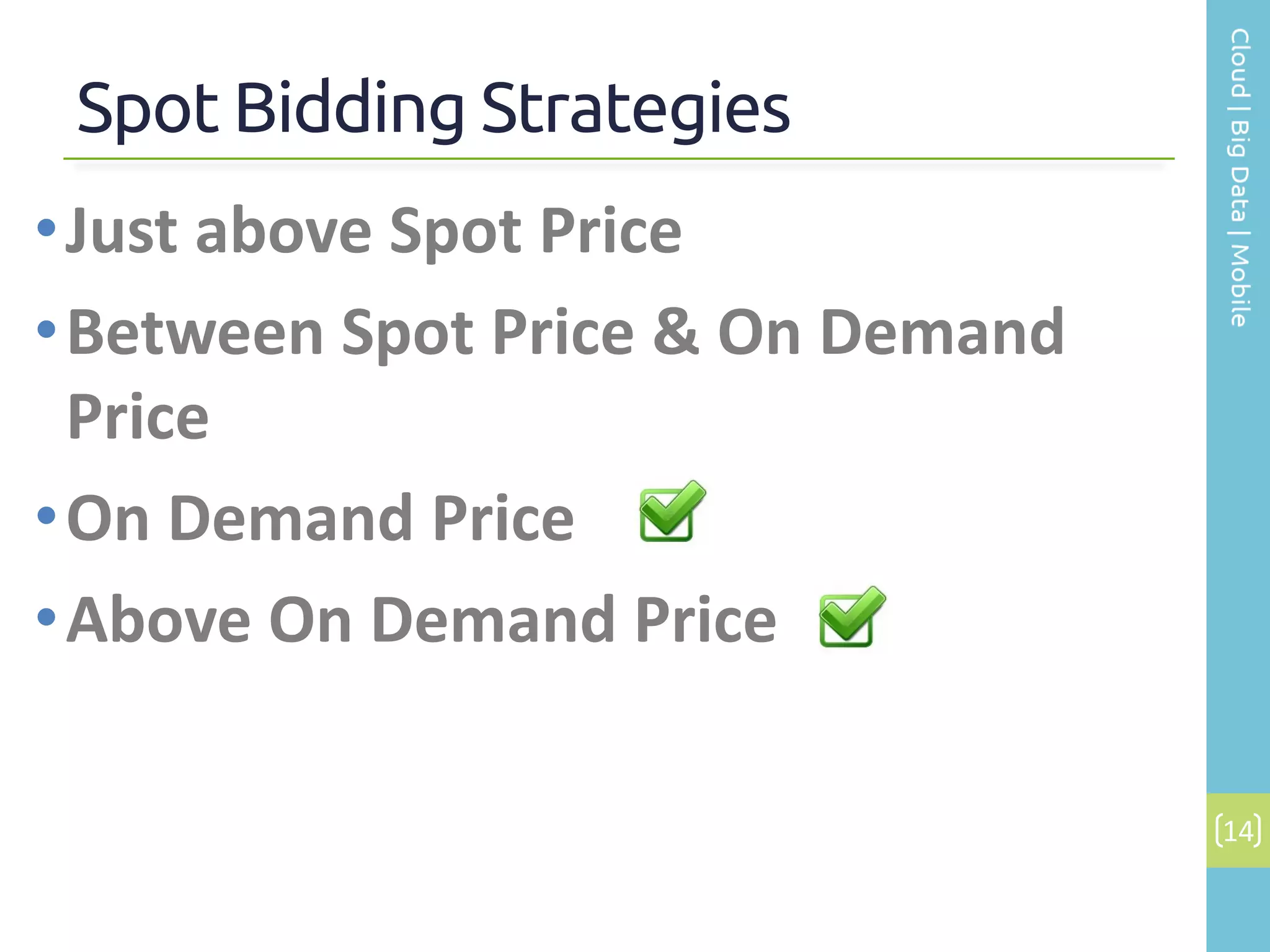 Spot Bidding Strategies
14
•Just above Spot Price
•Between Spot Price & On Demand
Price
•On Demand Price
•Above On Demand Price
 