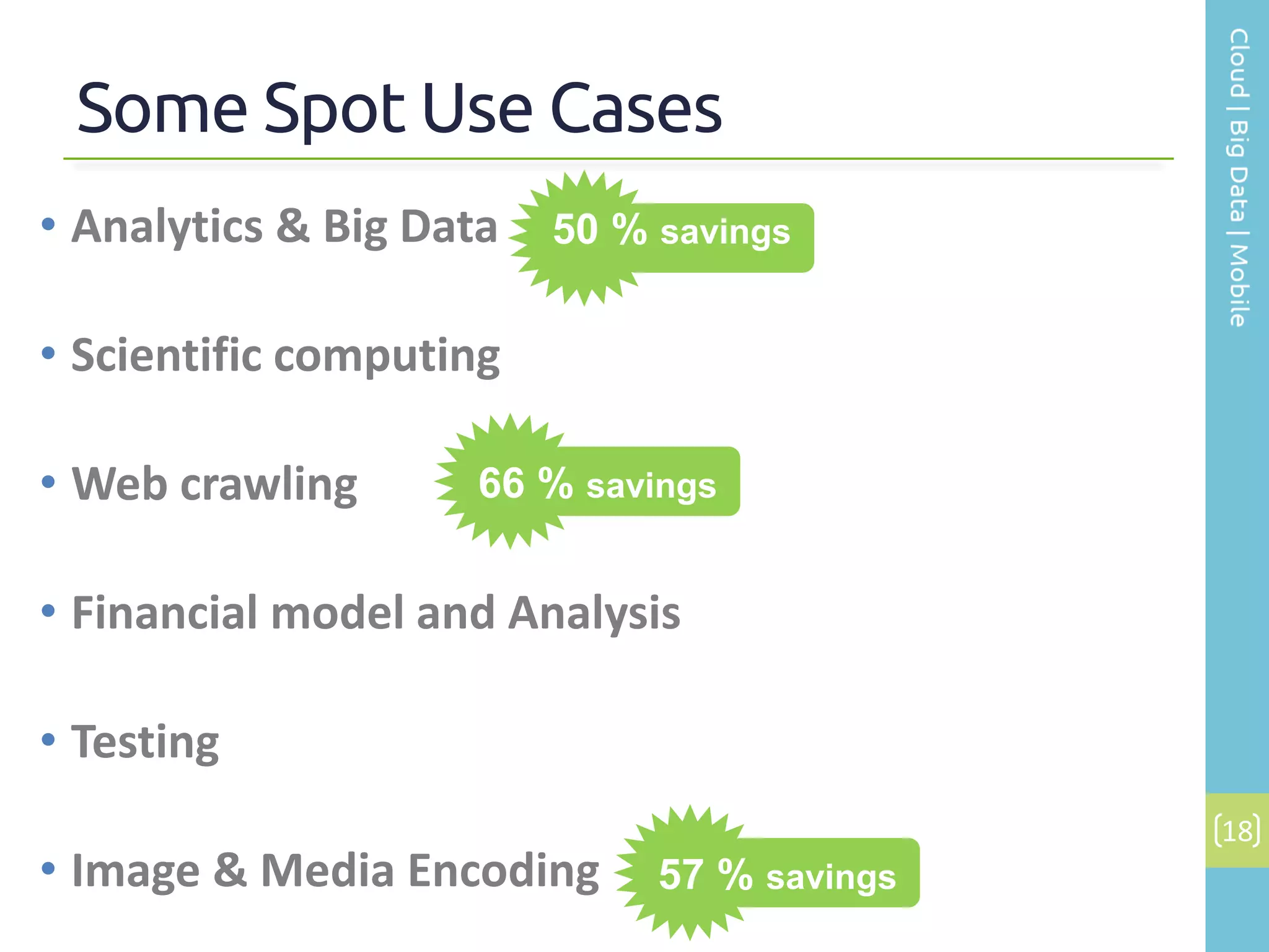 Some Spot Use Cases
18
• Analytics & Big Data
• Scientific computing
• Web crawling
• Financial model and Analysis
• Testing
• Image & Media Encoding
66 % savings
50 % savings
57 % savings
 