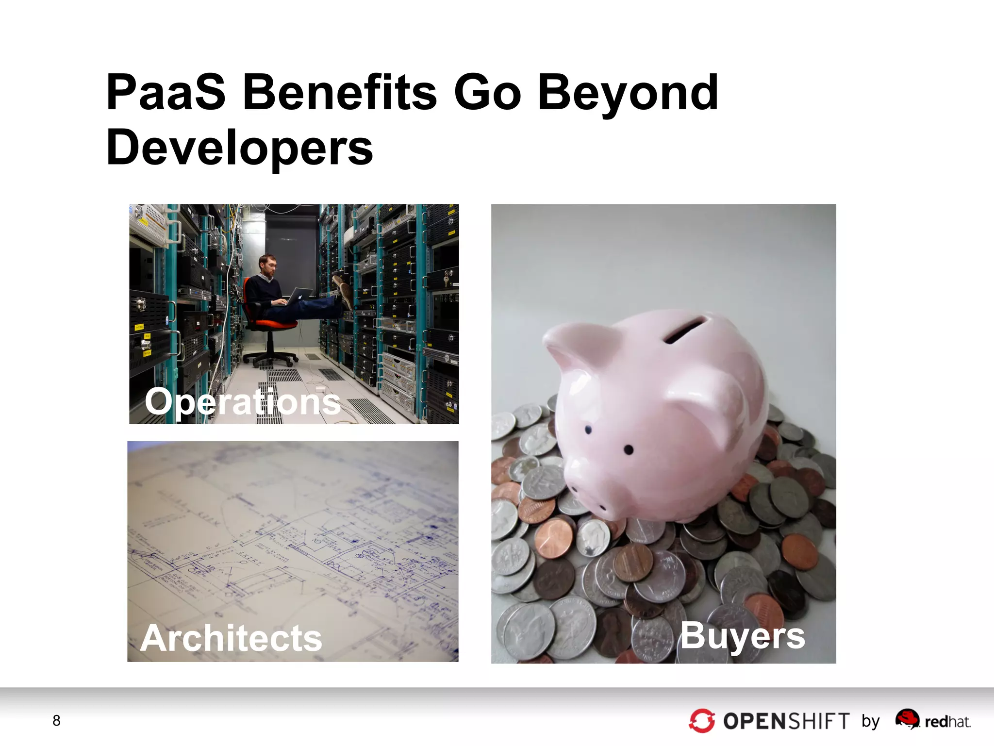 PaaS Benefits Go Beyond
    Developers



     Operations




     Architects          Buyers

8                                 by
 