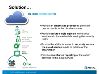 © 2012 NetIQ Corporation. All rights reserved.15
Solution…
CLOUD RESOURCES
• Provide an automated process to provision
user accounts to the cloud resources
• Provide secure single sign-on to the cloud
services w/o the credentials leaving the security
realm
• Provide the ability for users to securely access
the cloud service inside or outside of the
organization
• Provide compliance reporting of the users’
activities in the cloud service
Corporate credentials
Single sign-on
and strong
authentication
Automatic
process
IT department
Full
reporting
Cloud
Access
 