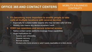 OFFICE 365 AND CONTACT CENTERS
MOBILITY & BUSINESS
CONTINUITY
1. It’s becoming more important to enable people to take
calls at multiple locations with several devices
• Especially for subject-matter experts who may not take calls full time
• Mobility now means any device anywhere I work
2. O365 has seamless and secure external access
• Native contact center platforms leverage these capabilities
• Huge implications for:
• Speedy user onboarding
• Disaster recovery
• Remote workers
• Workers who move around or aren’t easily reachable on a desk phone
 