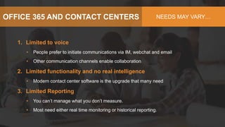 1. Limited to voice
• People prefer to initiate communications via IM, webchat and email
• Other communication channels enable collaboration
2. Limited functionality and no real intelligence
• Modern contact center software is the upgrade that many need
3. Limited Reporting
• You can’t manage what you don’t measure.
• Most need either real time monitoring or historical reporting.
NEEDS MAY VARY…OFFICE 365 AND CONTACT CENTERS
 