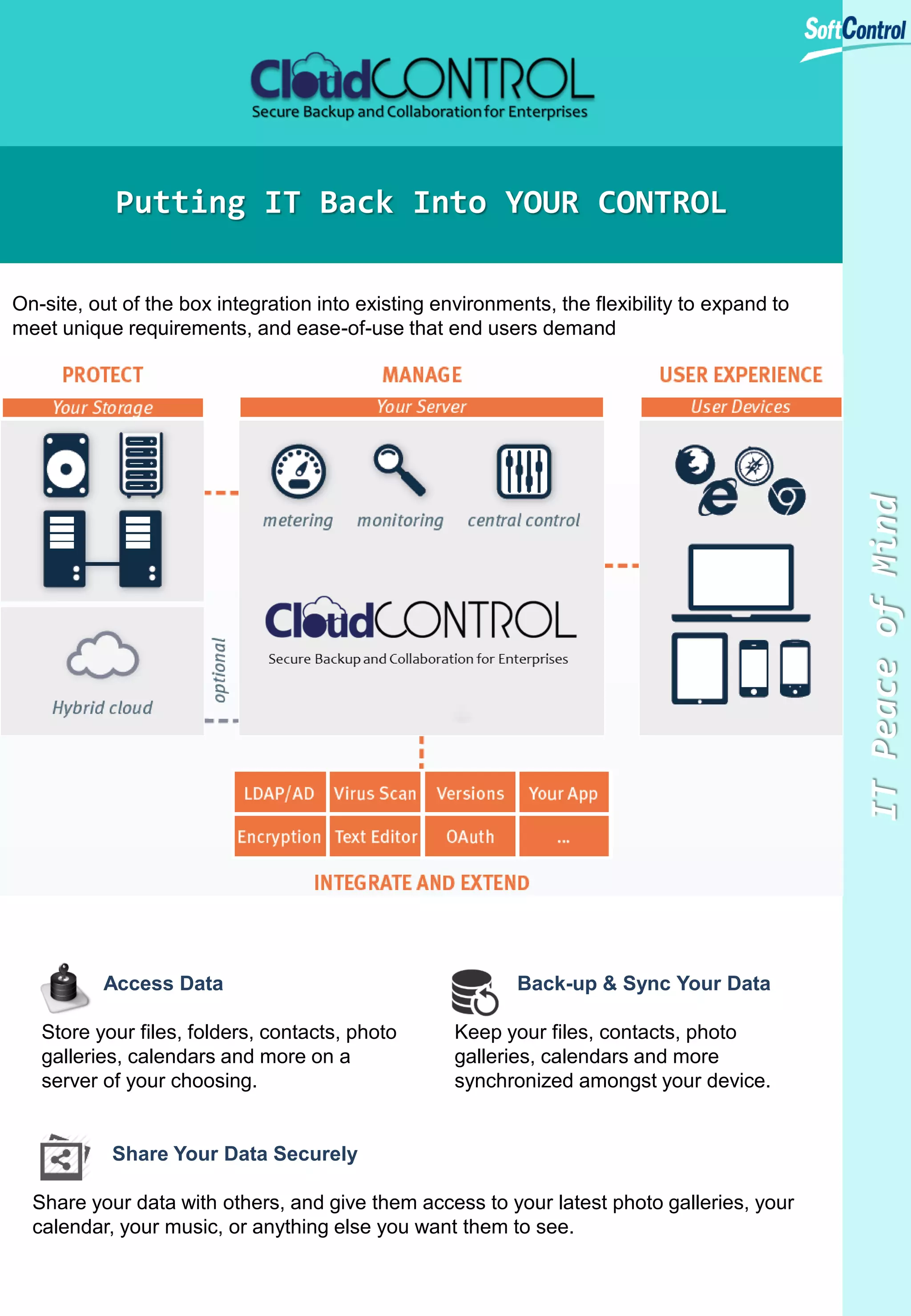 Putting IT Back Into YOUR CONTROL

IT Peace of Mind

On-site, out of the box integration into existing environments, the flexibility to expand to
meet unique requirements, and ease-of-use that end users demand

Access Data
Store your files, folders, contacts, photo
galleries, calendars and more on a
server of your choosing.

Back-up & Sync Your Data
Keep your files, contacts, photo
galleries, calendars and more
synchronized amongst your device.

Share Your Data Securely
Share your data with others, and give them access to your latest photo galleries, your
calendar, your music, or anything else you want them to see.

 