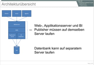 OMS
Web-, Applikationsserver und BI
Publisher müssen auf demselben
Server laufen
Datenbank kann auf separatem
Server laufen
Architekturübersicht
Page 5 of 20
DB
AgentsClients
Webserver
Application
server
OMS
BI
Publisher
emcli
 