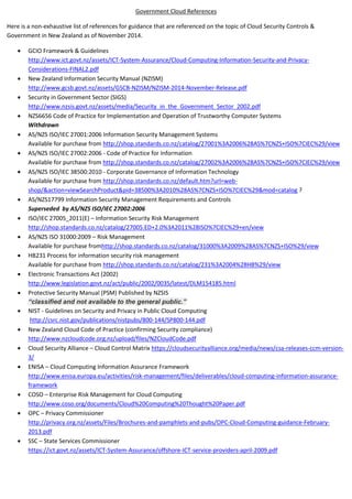 Government Cloud References 
Here is a non-exhaustive list of references for guidance that are referenced on the topic of Cloud Security Controls & Government in New Zealand as of November 2014. 
 GCIO Framework & Guidelines 
http://www.ict.govt.nz/assets/ICT-System-Assurance/Cloud-Computing-Information-Security-and-Privacy- Considerations-FINAL2.pdf 
 New Zealand Information Security Manual (NZISM) 
http://www.gcsb.govt.nz/assets/GSCB-NZISM/NZISM-2014-November-Release.pdf 
 Security in Government Sector (SIGS) http://www.nzsis.govt.nz/assets/media/Security_in_the_Government_Sector_2002.pdf 
 NZS6656 Code of Practice for Implementation and Operation of Trustworthy Computer Systems 
Withdrawn 
 AS/NZS ISO/IEC 27001:2006 Information Security Management Systems 
Available for purchase from http://shop.standards.co.nz/catalog/27001%3A2006%28AS%7CNZS+ISO%7CIEC%29/view 
 AS/NZS ISO/IEC 27002:2006 - Code of Practice for Information 
Available for purchase from http://shop.standards.co.nz/catalog/27002%3A2006%28AS%7CNZS+ISO%7CIEC%29/view 
 AS/NZS ISO/IEC 38500:2010 - Corporate Governance of Information Technology 
Available for purchase from http://shop.standards.co.nz/default.htm?url=web- shop/&action=viewSearchProduct&pid=38500%3A2010%28AS%7CNZS+ISO%7CIEC%29&mod=catalog 
 AS/NZS17799 Information Security Management Requirements and Controls 
Superseded by AS/NZS ISO/IEC 27002:2006 
 ISO/IEC 27005_2011(E) – Information Security Risk Management 
http://shop.standards.co.nz/catalog/27005.ED+2.0%3A2011%28ISO%7CIEC%29+en/view 
 AS/NZS ISO 31000:2009 – Risk Management 
Available for purchase fromhttp://shop.standards.co.nz/catalog/31000%3A2009%28AS%7CNZS+ISO%29/view 
 HB231 Process for information security risk management 
Available for purchase from http://shop.standards.co.nz/catalog/231%3A2004%28HB%29/view 
 Electronic Transactions Act (2002) 
http://www.legislation.govt.nz/act/public/2002/0035/latest/DLM154185.html 
 Protective Security Manual (PSM) Published by NZSIS “classified and not available to the general public.” 
 NIST - Guidelines on Security and Privacy in Public Cloud Computing 
http://csrc.nist.gov/publications/nistpubs/800-144/SP800-144.pdf 
 New Zealand Cloud Code of Practice (confirming Security compliance) 
http://www.nzcloudcode.org.nz/upload/files/NZCloudCode.pdf 
 Cloud Security Alliance – Cloud Control Matrix https://cloudsecurityalliance.org/media/news/csa-releases-ccm-version- 3/ 
 ENISA – Cloud Computing Information Assurance Framework http://www.enisa.europa.eu/activities/risk-management/files/deliverables/cloud-computing-information-assurance- framework 
 COSO – Enterprise Risk Management for Cloud Computing 
http://www.coso.org/documents/Cloud%20Computing%20Thought%20Paper.pdf 
 OPC – Privacy Commissioner 
http://privacy.org.nz/assets/Files/Brochures-and-pamphlets-and-pubs/OPC-Cloud-Computing-guidance-February- 2013.pdf 
 SSC – State Services Commissioner 
https://ict.govt.nz/assets/ICT-System-Assurance/offshore-ICT-service-providers-april-2009.pdf 
 