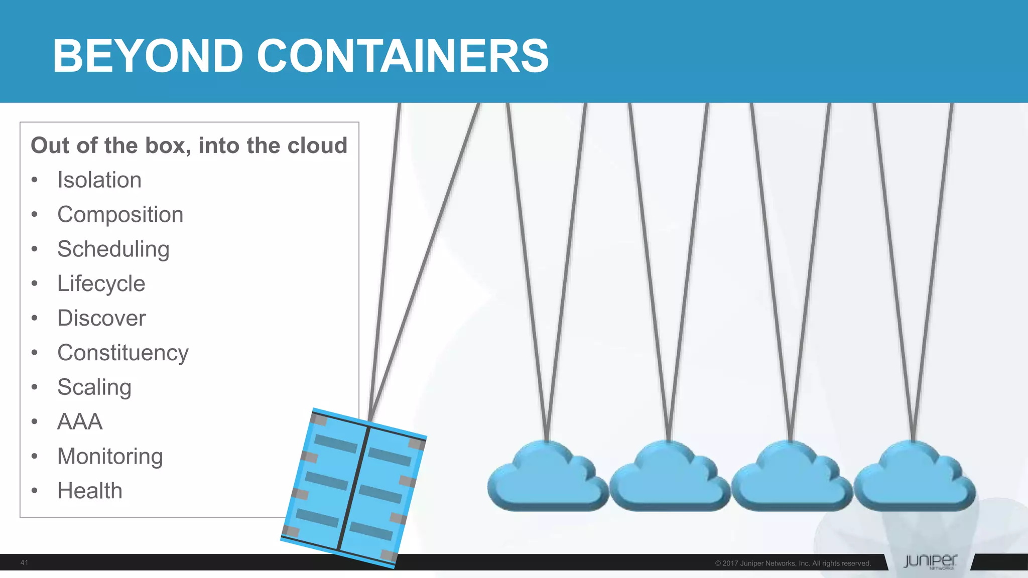 Out of the box, into the cloud
• Isolation
• Composition
• Scheduling
• Lifecycle
• Discover
• Constituency
• Scaling
• AAA
• Monitoring
• Health
BEYOND CONTAINERS
 