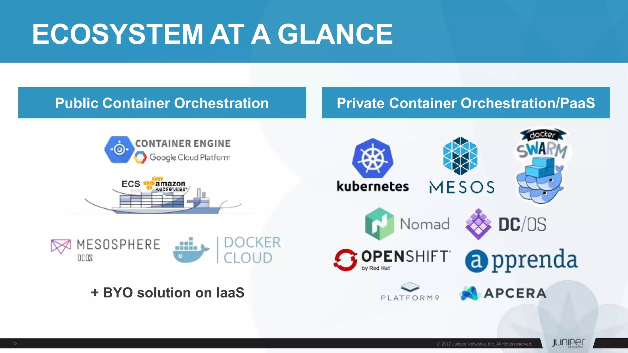ECOSYSTEM AT A GLANCE
ECOSYSTEM AT A GLANCEPublic Container Orchestration Private Container Orchestration/PaaS
+ BYO solution on IaaS
 