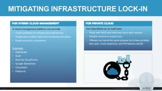 MITIGATING INFRASTRUCTURE LOCK-IN
Use OpenStack as an IaaS base
• Parity with AWS and most new cloud IaaS vendors
• Multiple vendors to support you
• VMware can serve the same purpose but is less portable,
less open, more expensive, and HA-feature overkill
FOR PRIVATE CLOUD
A cloud management platform can provide
• ITaaS workflows for infrastructure self-service
• Single pane of glass high-level monitoring and policy
• Easier economic comparison
Examples:
• RightScale
• Scalr
• Red Hat CloudForms
• Google Stackdriver
• CloudHelm
• Platform9
FOR HYBRID CLOUD MANAGEMENT
 