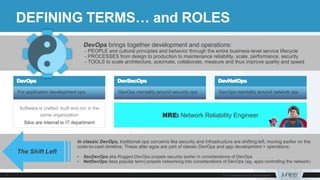 DEFINING TERMS… and ROLES
For application development ops DevOps mentality around security ops DevOps mentality around network ops
DevOps DevSecOps DevNetOps
DevOps brings together development and operations:
- PEOPLE and cultural principles and behavior through the entire business-level service lifecycle
- PROCESSES from design to production to maintenance reliability, scale, performance, security
- TOOLS to scale architecture, automate, collaborate, measure and thus improve quality and speed
In classic DevOps, traditional ops concerns like security and infrastructure are shifting left, moving earlier on the
code-to-cash timeline. These alter egos are part of classic DevOps and app development + operations:
• SecDevOps aka Rugged DevOps propels security earlier in considerations of DevOps
• NetDevOps (less popular term) propels networking into considerations of DevOps (eg. apps controlling the network)
The Shift Left
Software is crafted, built and run in the
same organization
Silos are internal to IT department
NRE: Network Reliability Engineer
 