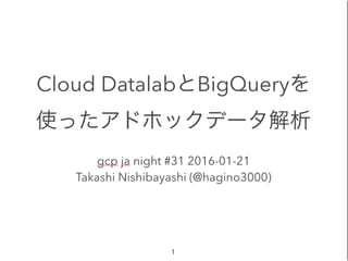 Cloud DatalabとBigQueryを
使ったアドホックデータ解析
gcp ja night #31 2016-01-21
Takashi Nishibayashi (@hagino3000)
1
 
