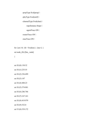 -propType $val(prop) 

           -phyType $val(netif) 

           -channelType $val(chan) 

                -topoInstance $topo 

                -agentTrace ON 

           -routerTrace ON 

           -macTrace ON 



for {set i 0} {$i < $val(nn) } {incr i} {

set node_($i) [$ns_ node]

}



set X1(0) 130.32

set X1(1) 235.55

set X1(2) 336.499

set X1(3) 147

set X1(4) 488.23

set X1(5) 374.881

set X1(6) 246.766

set X1(7) 167.161

set X1(8) 419.979

set X1(9) 532.0

set Y1(0) 539.172
 