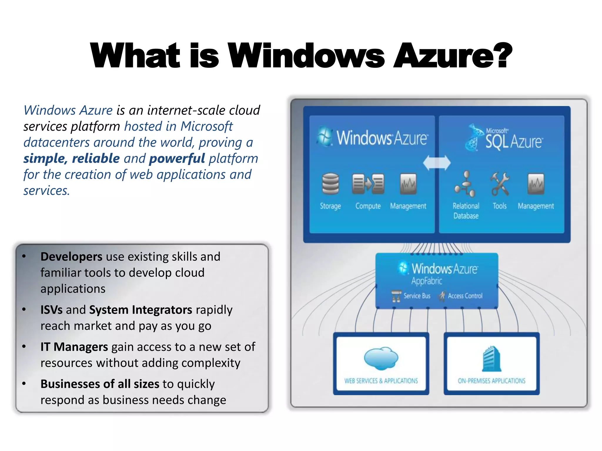 What is Windows Azure?Windows Azure is an internet-scale cloud services platform hosted in Microsoft datacenters around the world, proving a simple, reliable and powerful platform for the creation of web applications and services. Developers use existing skills and familiar tools to develop cloud applications 