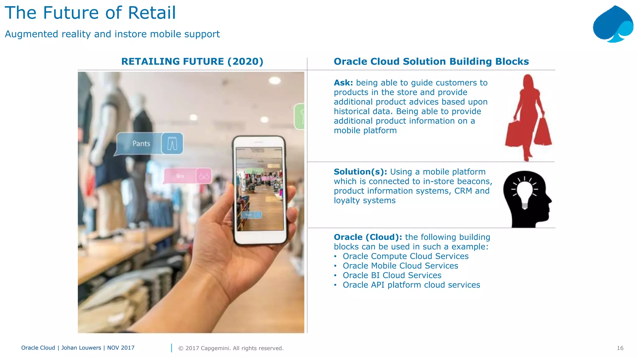 16Oracle Cloud | Johan Louwers | NOV 2017 © 2017 Capgemini. All rights reserved.
RETAILING FUTURE (2020) Oracle Cloud Solution Building Blocks
The Future of Retail
Augmented reality and instore mobile support
Ask: being able to guide customers to
products in the store and provide
additional product advices based upon
historical data. Being able to provide
additional product information on a
mobile platform
Solution(s): Using a mobile platform
which is connected to in-store beacons,
product information systems, CRM and
loyalty systems
Oracle (Cloud): the following building
blocks can be used in such a example:
• Oracle Compute Cloud Services
• Oracle Mobile Cloud Services
• Oracle BI Cloud Services
• Oracle API platform cloud services
 