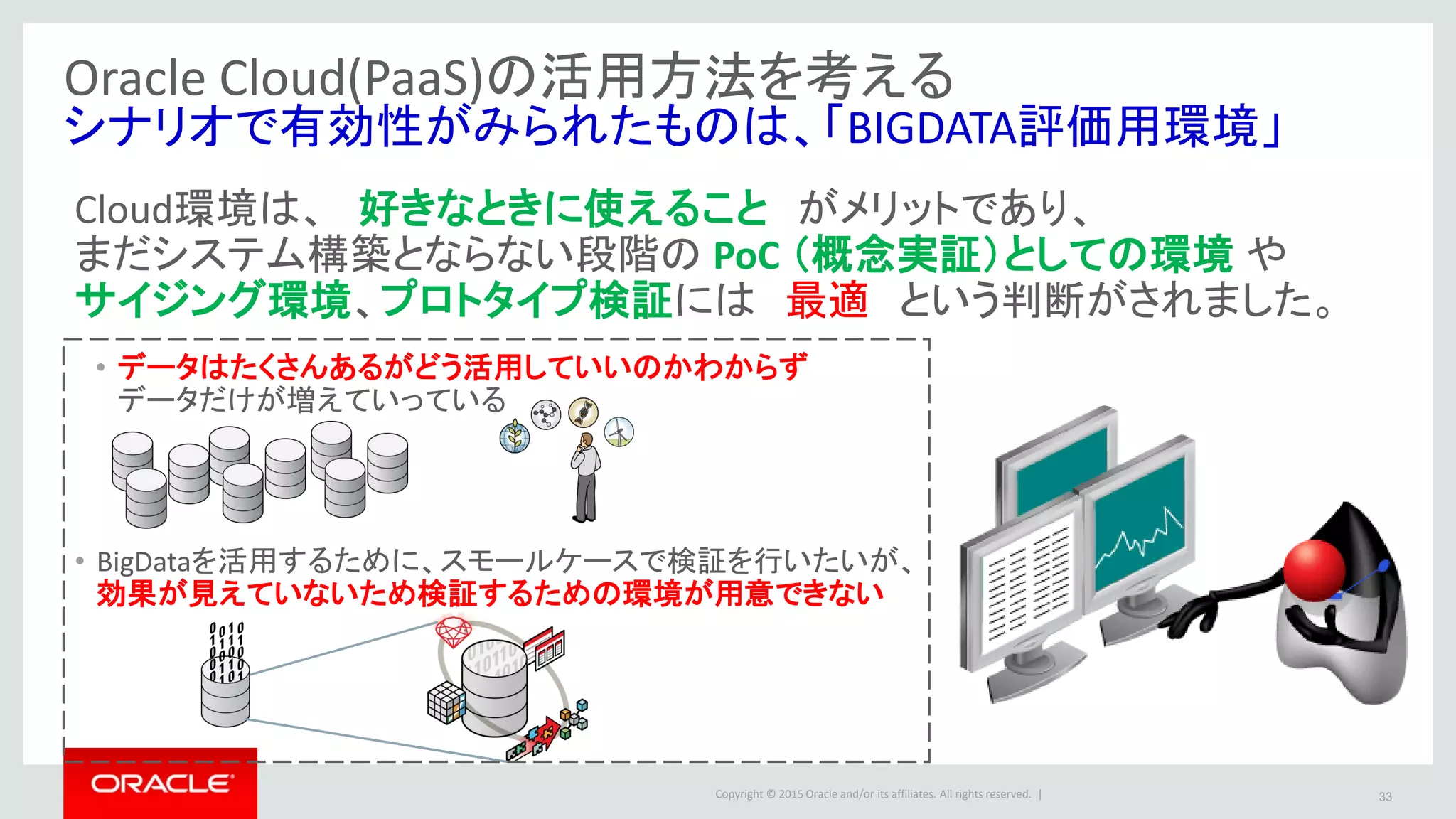 Copyright © 2015 Oracle and/or its affiliates. All rights reserved. | 33
Oracle Cloud(PaaS)の活用方法を考える
シナリオで有効性がみられたものは、「BIGDATA評価用環境」
Cloud環境は、 好きなときに使えること がメリットであり、
まだシステム構築とならない段階の PoC （概念実証）としての環境 や
サイジング環境、プロトタイプ検証には 最適 という判断がされました。
• BigDataを活用するために、スモールケースで検証を行いたいが、
効果が見えていないため検証するための環境が用意できない
• データはたくさんあるがどう活用していいのかわからず
データだけが増えていっている
 
