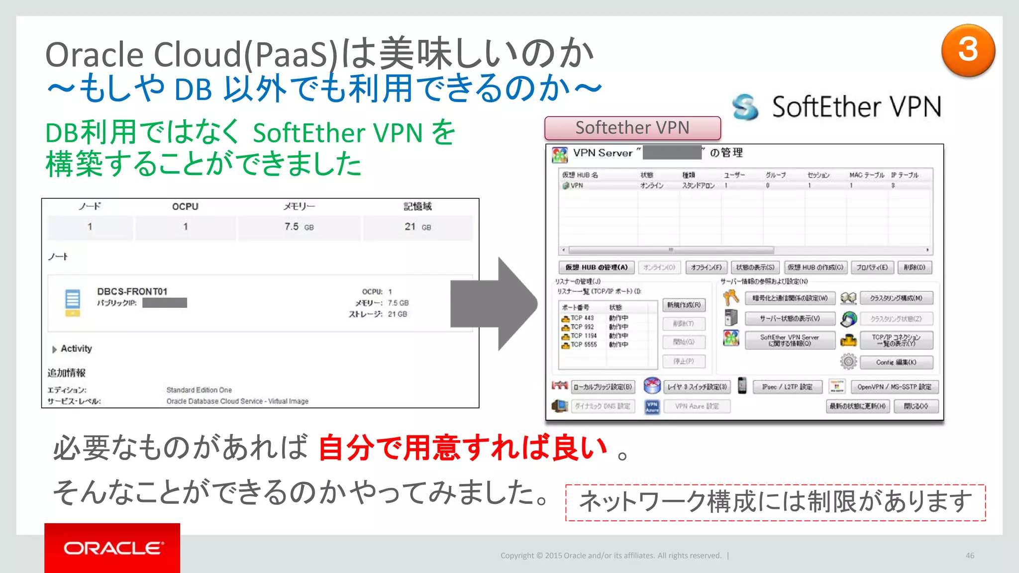 Copyright © 2015 Oracle and/or its affiliates. All rights reserved. |
Oracle Cloud(PaaS)は美味しいのか
～もしや DB 以外でも利用できるのか～
46
DB利用ではなく SoftEther VPN を
構築することができました
必要なものがあれば 自分で用意すれば良い 。
そんなことができるのかやってみました。
Softether VPN
３
ネットワーク構成には制限があります
 