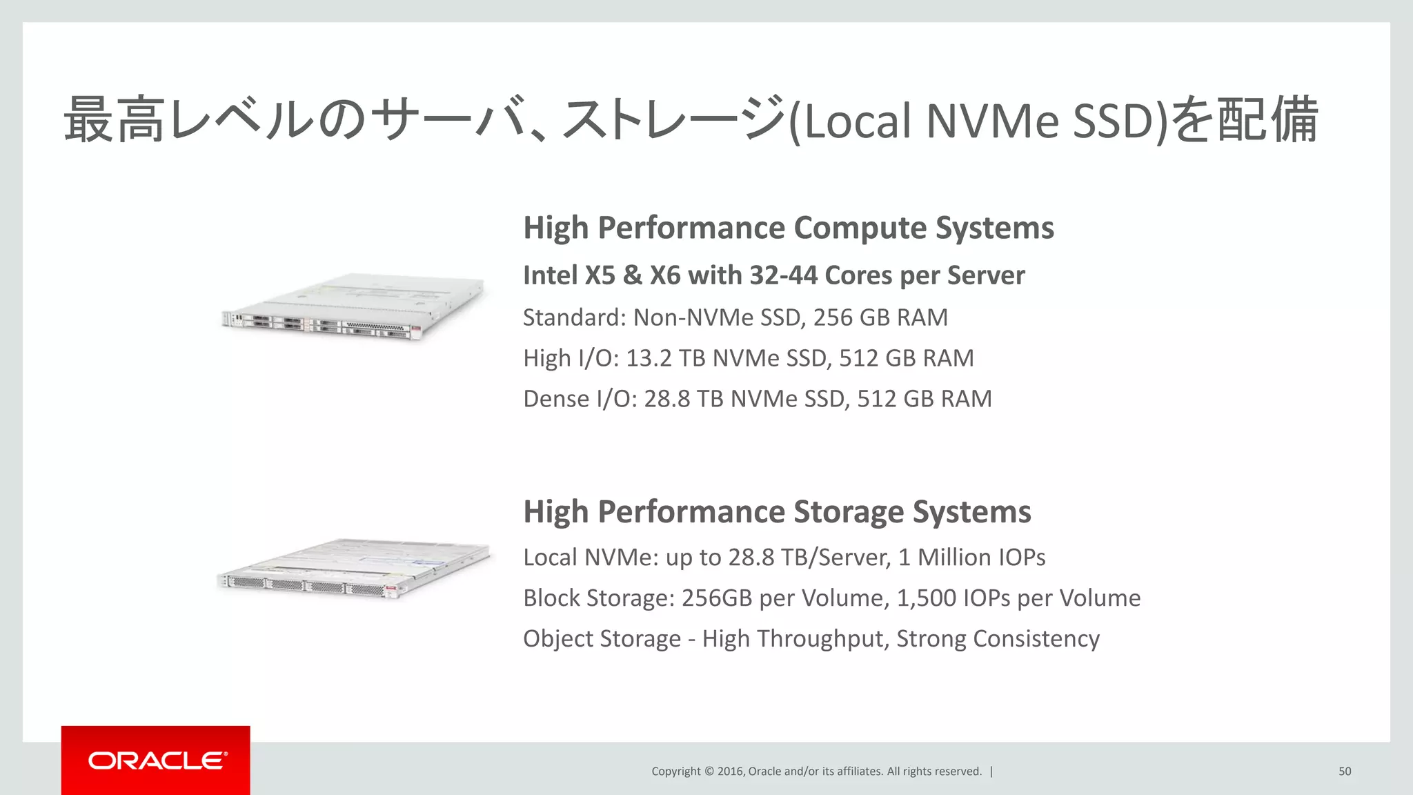 Copyright © 2016, Oracle and/or its affiliates. All rights reserved. |
最高レベルのサーバ、ストレージ(Local NVMe SSD)を配備
50
High Performance Storage Systems
Local NVMe: up to 28.8 TB/Server, 1 Million IOPs
Block Storage: 256GB per Volume, 1,500 IOPs per Volume
Object Storage - High Throughput, Strong Consistency
High Performance Compute Systems
Intel X5 & X6 with 32-44 Cores per Server
Standard: Non-NVMe SSD, 256 GB RAM
High I/O: 13.2 TB NVMe SSD, 512 GB RAM
Dense I/O: 28.8 TB NVMe SSD, 512 GB RAM
 