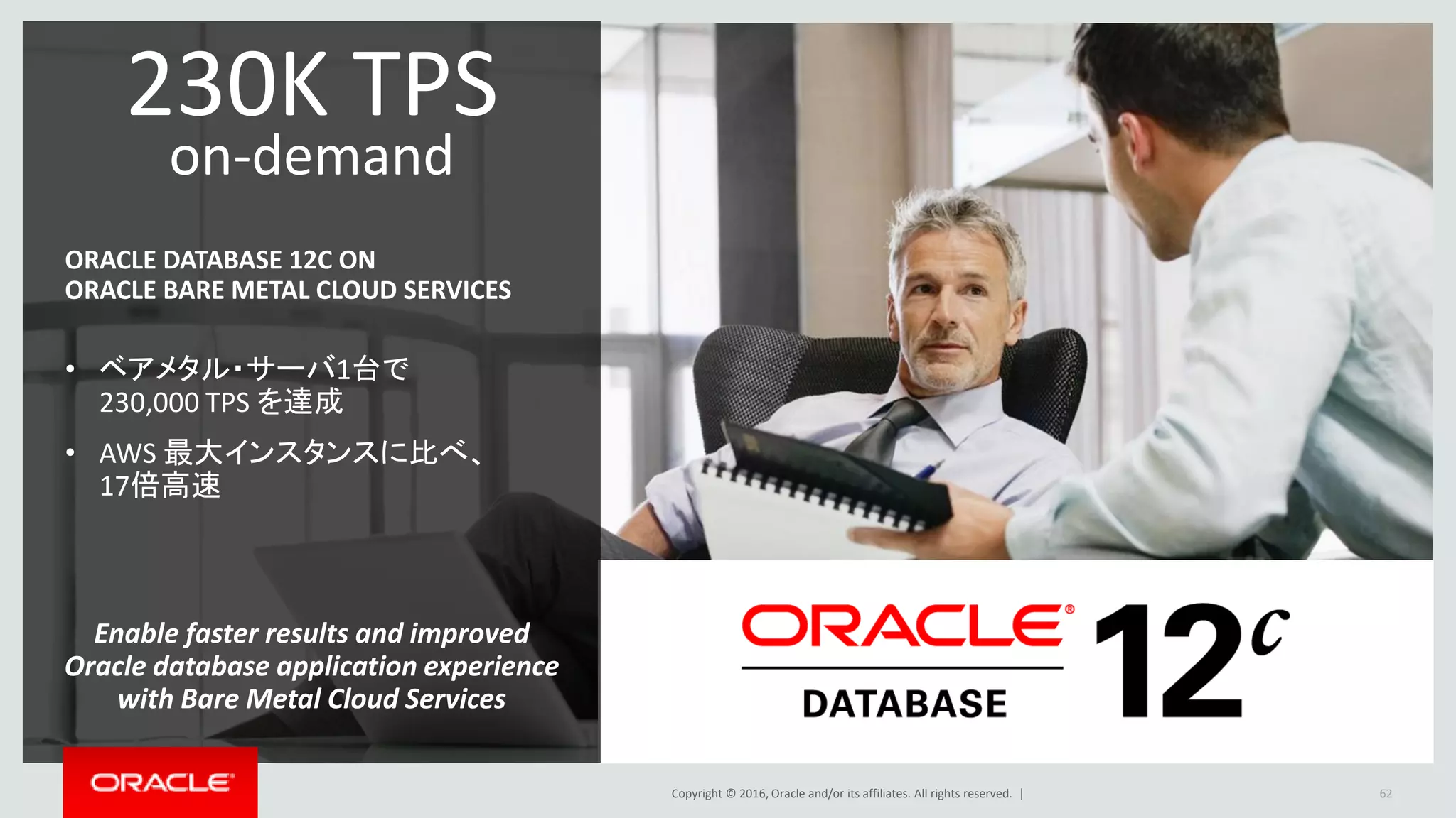 Copyright © 2016, Oracle and/or its affiliates. All rights reserved. | 62
Enable faster results and improved
Oracle database application experience
with Bare Metal Cloud Services
230K TPS
on-demand
ORACLE DATABASE 12C ON
ORACLE BARE METAL CLOUD SERVICES
• ベアメタル・サーバ1台で
230,000 TPS を達成
• AWS 最大インスタンスに比べ、
17倍高速
 