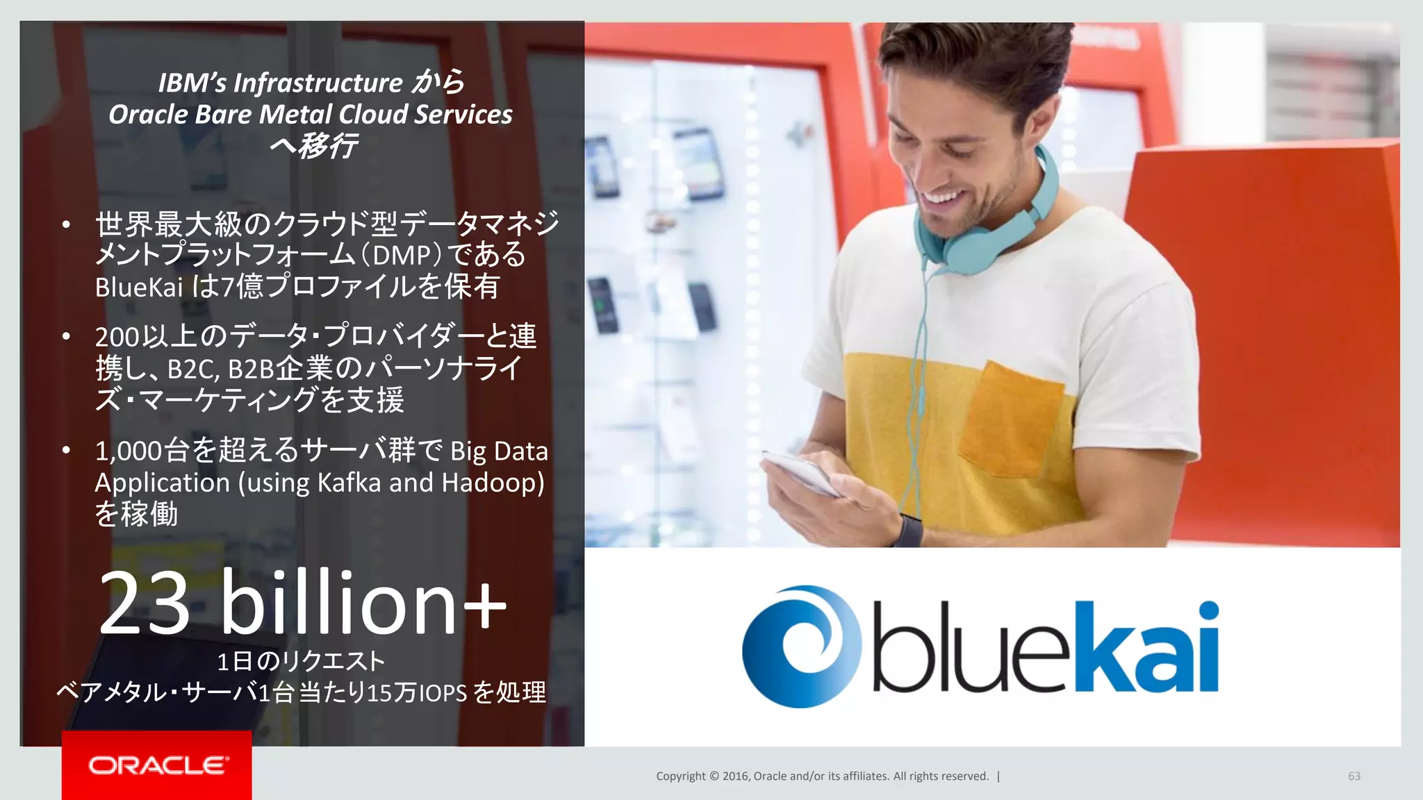 Copyright © 2016, Oracle and/or its affiliates. All rights reserved. | 63
23 billion+1日のリクエスト
ベアメタル・サーバ1台当たり15万IOPS を処理
IBM’s Infrastructure から
Oracle Bare Metal Cloud Services
へ移行
• 世界最大級のクラウド型データマネジ
メントプラットフォーム（DMP）である
BlueKai は7億プロファイルを保有
• 200以上のデータ・プロバイダーと連
携し、B2C, B2B企業のパーソナライ
ズ・マーケティングを支援
• 1,000台を超えるサーバ群で Big Data
Application (using Kafka and Hadoop)
を稼働
 