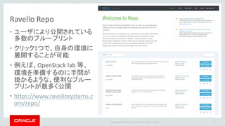 Copyright © 2016 Oracle and/or its affiliates. All rights reserved. |
Ravello Repo
• ユーザにより公開されている
多数のブループリント
• クリック1つで、自身の環境に
展開することが可能
• 例えば、OpenStack lab 等、
環境を準備するのに手間が
掛かるような、便利なブルー
プリントが数多く公開
• https://www.ravellosystems.c
om/repo/
22
 