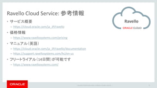 Copyright © 2016 Oracle and/or its affiliates. All rights reserved. |
Ravello Cloud Service: 参考情報
• サービス概要
– https://cloud.oracle.com/ja_JP/ravello
• 価格情報
– https://www.ravellosystems.com/pricing
• マニュアル（英語）
– https://cloud.oracle.com/ja_JP/ravello/documentation
– https://support.ravellosystems.com/hc/en-us
• フリートライアル（14日間）が可能です
– https://www.ravellosystems.com/
31
Ravello
 