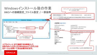 Copyright © 2016 Oracle and/or its affiliates. All rights reserved. |
Windowsインストール後の作業
44
セキュリティ・ルールでDatabaseのリスナー
ポートを有効に設定
サービス名は接続文字列
のサービス名を設定
※プライベート IPで接続できる前提として、
DBCSのインスタンスとWindowsインスタンスの
ロケーションは同一である必要があります。 DBCSの追加情報より必要な接続情報を取得
DBCS1
DBCSへの接続設定_ファイル設定 / 一部抜粋
 