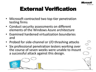 External Verification Microsoft contracted two top-tier penetration testing firms Conduct security assessments on different elements of the Windows Azure architecture Examined hardened virtualization boundaries and Probed for side-channel or I/O thrashing attacksSix professional penetration testers working over the course of seven weeks were unable to mount a successful attack against this design.