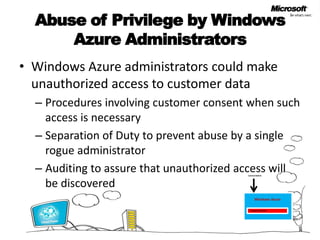 Abuse of Privilege by Windows Azure AdministratorsWindows Azure administrators could make unauthorized access to customer dataProcedures involving customer consent when such access is necessarySeparation of Duty to prevent abuse by a single rogue administratorAuditing to assure that unauthorized access will be discoveredCentral AdminWindows AzureCustomer Tenant