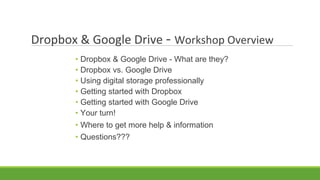 Dropbox & Google Drive - Workshop Overview
• Dropbox & Google Drive - What are they?
• Dropbox vs. Google Drive
• Using digital storage professionally
• Getting started with Dropbox
• Getting started with Google Drive
• Your turn!
• Where to get more help & information
• Questions???
 