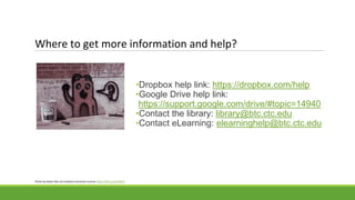 Where to get more information and help?
•Dropbox help link: https://dropbox.com/help
•Google Drive help link:
https://support.google.com/drive/#topic=14940
•Contact the library: library@btc.ctc.edu
•Contact eLearning: elearninghelp@btc.ctc.edu
Photo by Steev Hise via Creative Commons License https://flic.kr/p/4HKJE1
 