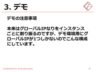 3. デモ
      デモの注意事項

      本来はグローバルIPなりをインスタンス
      ごとに割り振るのですが、デモ環境用にグ
      ローバルIPが1つしかないのでこんな構成
      にしています。




Copyright © Fusic Co., Ltd. All rights reserved.   24
 