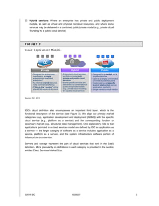  Hybrid services: Where an enterprise has private and public deployment
  models, as well as virtual and physical noncloud resources, and where some
  services may be delivered in a combined public/private model (e.g., private cloud
  "bursting" to a public cloud service)




FIGURE 2

Cloud Deployment Models




                    Private                                   Hybrid                                    Public
       • Designed for, and access                 • Enterprise’s cloud services            • Designed for a market, not a
         restricted to, a single                    portfolio includes both                  single enterprise
         enterprise (or extended                    private and public cloud               • Open to a largely unrestricted
         enterprise)                                services                                 universe of potential users
       • An internal shared resource,             • Some specific services are             • Customers buy at specific
         not a commercial offering                  delivered in a combination of            level of abstraction (server,
       • IT Org is the “vendor” of the              public and private models                application, platform)
         shared/std service to its users            (e.g., private cloud ―bursting         • Single-vendor or multi-vendor
                                                    to‖ a public cloud service)


       Resource          Single enterprise/            Virtual and physical (non-                   Multiple unrelated
Source: Isolation
        IDC, 2011       extended enterprise              cloud) resources and                      enterprises (shared)
                            (dedicated)                       applications

     Control |    SLA    |   Specialization   |    Security   |    Agility   |   Price Advantage   |   Access | Elasticity

           D.I.Y.
IDC's cloud definition also encompasses an important third layer, which is the
functional description of the service (see Figure 3). We align our primary market
categories (e.g., application development and deployment [AD&D]) with the specific
cloud service (e.g., platform as a service) and the corresponding function or
secondary market (e.g., structured data management). One explanatory note is that
applications provided in a cloud services model are defined by IDC as application as
a service — the larger category of software as a service includes application as a
service, platform as a service, and the system infrastructure software portion of
infrastructure as a service.

Servers and storage represent the part of cloud services that isn't in the SaaS
definition. More granularity on definitions in each category is provided in the section
entitled Cloud Services Market Size.




©2011 IDC                                                         #229237                                                     3
 