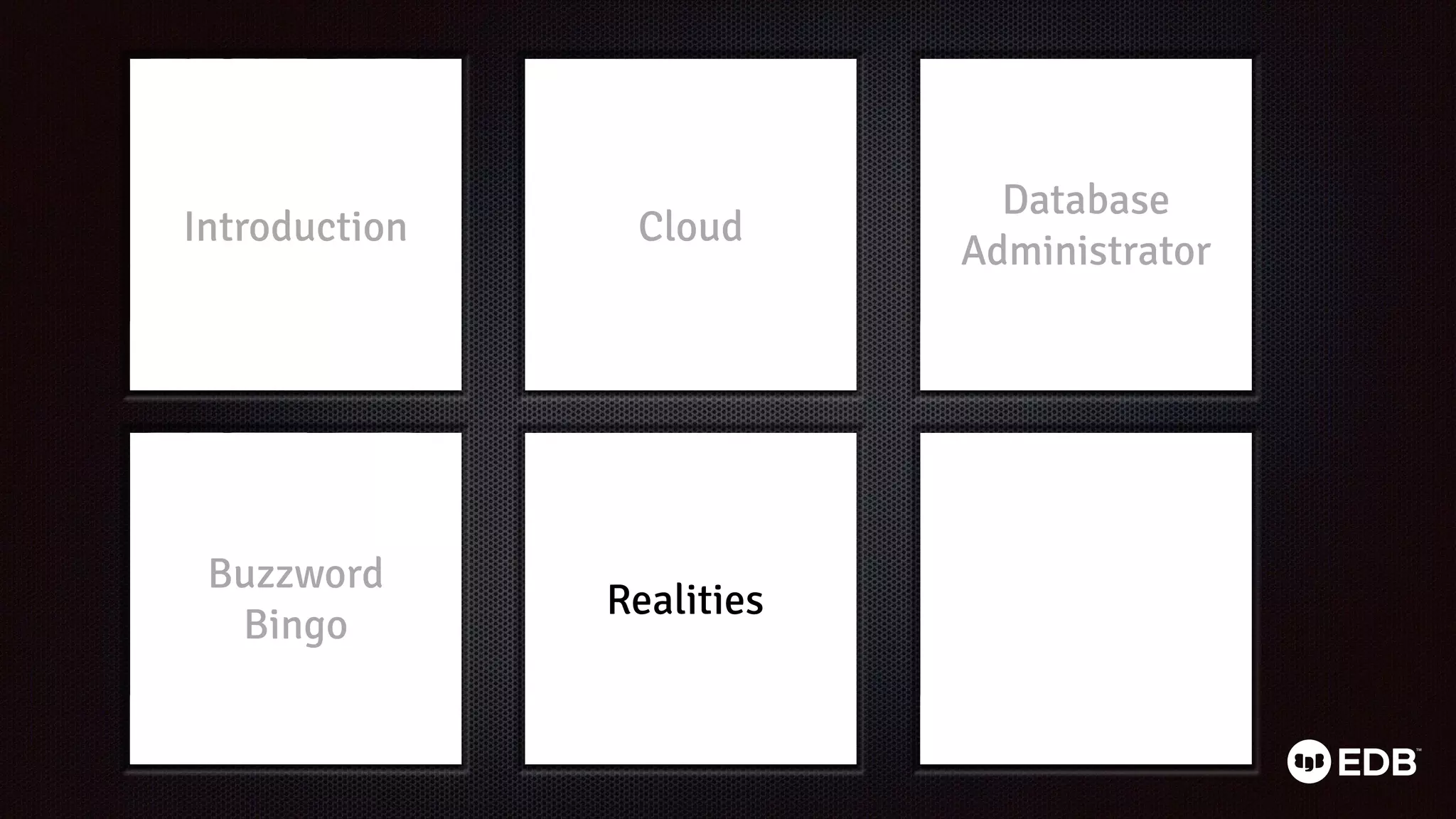 Buzzword
Bingo
Realities
Database
Administrator
Cloud
Introduction
 