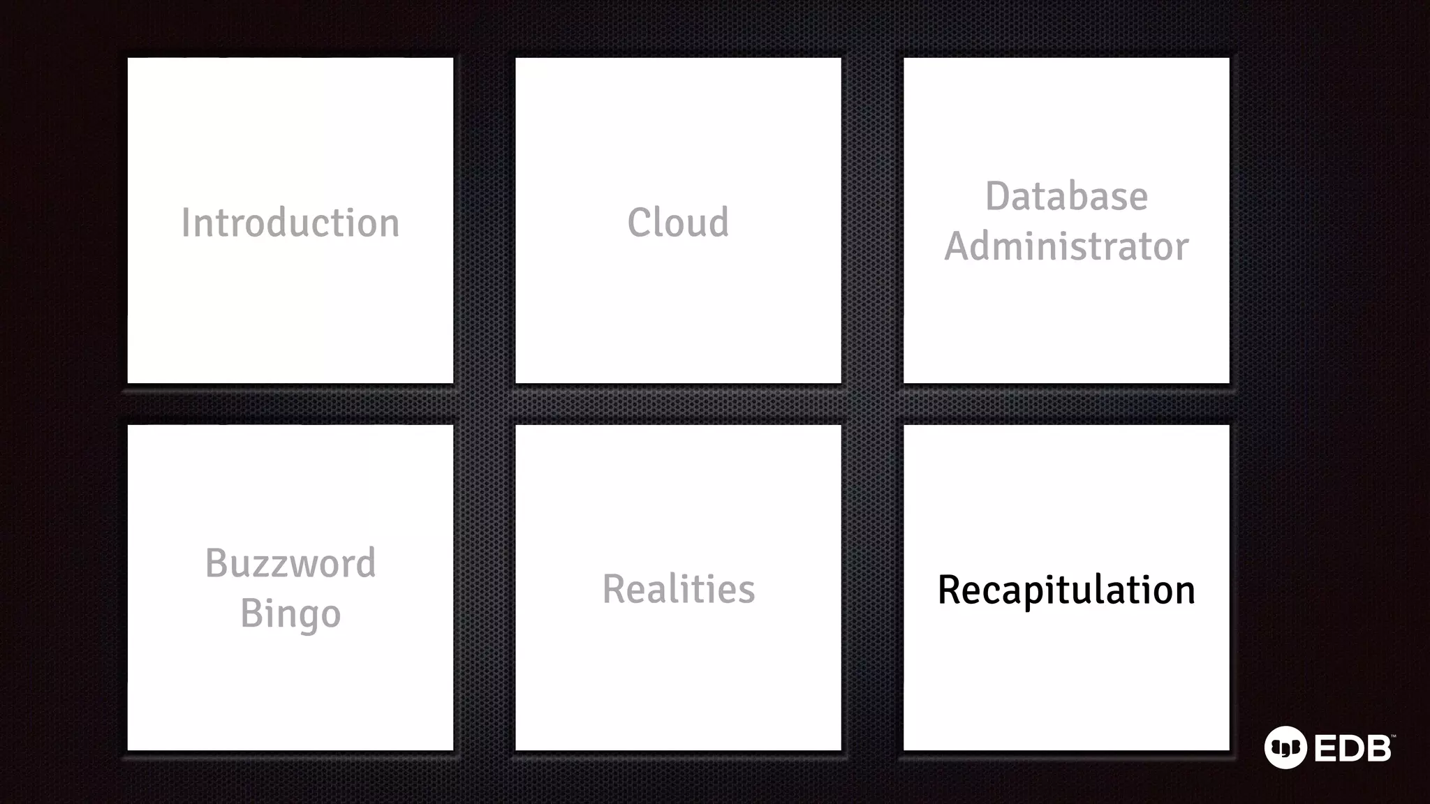 Realities Recapitulation
Buzzword
Bingo
Database
Administrator
Cloud
Introduction
 