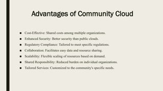 Advantages of Community Cloud
■ Cost-Effective: Shared costs among multiple organizations.
■ Enhanced Security: Better security than public clouds.
■ Regulatory Compliance: Tailored to meet specific regulations.
■ Collaboration: Facilitates easy data and resource sharing.
■ Scalability: Flexible scaling of resources based on demand.
■ Shared Responsibility: Reduced burden on individual organizations.
■ Tailored Services: Customized to the community's specific needs.
 