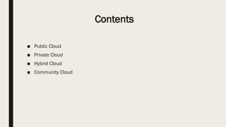 Contents
■ Public Cloud
■ Private Cloud
■ Hybrid Cloud
■ Community Cloud
 