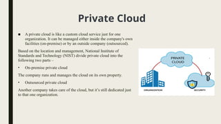 Private Cloud
■ A private cloud is like a custom cloud service just for one
organization. It can be managed either inside the company's own
facilities (on-premise) or by an outside company (outsourced).
Based on the location and management, National Institute of
Standards and Technology (NIST) divide private cloud into the
following two parts –
• On-premise private cloud
The company runs and manages the cloud on its own property.
• Outsourced private cloud
Another company takes care of the cloud, but it’s still dedicated just
to that one organization.
 