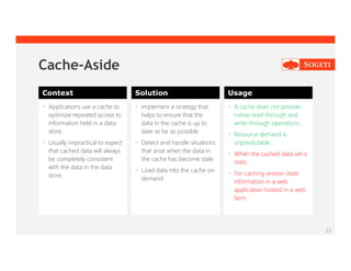 23
Cache-Aside
Context Solution Usage
 Applications use a cache to
optimize repeated access to
information held in a data
store.
 Usually impractical to expect
that cached data will always
be completely consistent
with the data in the data
store.
 Implement a strategy that
helps to ensure that the
data in the cache is up to
date as far as possible
 Detect and handle situations
that arise when the data in
the cache has become stale.
 Load data into the cache on
demand.
 A cache does not provide
native read-through and
write-through operations.
 Resource demand is
unpredictable.
 When the cached data set is
static.
 For caching session state
information in a web
application hosted in a web
farm
 