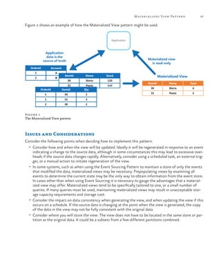 97

M ater i a lized View Patter n

Figure 1 shows an example of how the Materialized View pattern might be used.

Application

Application
data is the
source of truth
OrderId

Account

1

A

2

B

Materialized view
is read-only

ItemId

Name

Stock

30

Shirts

120

Pants
Qty

143

OrderId

31
ItemId

1

30

2

1

31

3

2

30

2

Materialized View
ItemId

Name

Total

30

Shirts

4

31

Pants

3

Figure 1
The Materialized View pattern

Issues and Considerations
Consider the following points when deciding how to implement this pattern:
•	 Consider how and when the view will be updated. Ideally it will be regenerated in response to an event

indicating a change to the source data, although in some circumstances this may lead to excessive overheads if the source data changes rapidly. Alternatively, consider using a scheduled task, an external trigger, or a manual action to initiate regeneration of the view.
•	 In some systems, such as when using the Event Sourcing Pattern to maintain a store of only the events
that modified the data, materialized views may be necessary. Prepopulating views by examining all
events to determine the current state may be the only way to obtain information from the event store.
In cases other than when using Event Sourcing it is necessary to gauge the advantages that a materialized view may offer. Materialized views tend to be specifically tailored to one, or a small number of
queries. If many queries must be used, maintaining materialized views may result in unacceptable storage capacity requirements and storage cost.
•	 Consider the impact on data consistency when generating the view, and when updating the view if this
occurs on a schedule. If the source data is changing at the point when the view is generated, the copy
of the data in the view may not be fully consistent with the original data.
•	 Consider where you will store the view. The view does not have to be located in the same store or partition as the original data. It could be a subsets from a few different partitions combined.

 