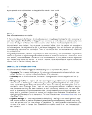 102

ch a pter one

Figure 3 shows an example applied to the pipeline for the data from Source 1.

Data from
Source 1

Task D

Task A

Task A

Task B

Task A

Task C

Task D

Business
logic

Task D

Figure 3
Load-balancing components in a pipeline

If the input and output of a filter are structured as a stream, it may be possible to perform the processing for
each filter in parallel. The first filter in the pipeline can commence its work and start to emit its results, which
are passed directly on to the next filter in the sequence before the first filter has completed its work.
Another benefit is the resiliency that this model can provide. If a filter fails or the machine it is running on is
no longer available, the pipeline may be able to reschedule the work the filter was performing and direct this
work to another instance of the component. Failure of a single filter does not necessarily result in failure of
the entire pipeline.
Using the Pipes and Filters pattern in conjunction with the Compensating Transaction Pattern can provide an
alternative approach to implementing distributed transactions. A distributed transaction can be broken down
into separate compensable tasks, each of which can be implemented by using a filter that also implements
the Compensating Transaction pattern. The filters in a pipeline can be implemented as separate hosted tasks
running close to the data that they maintain.

Issues and Considerations
You should consider the following points when deciding how to implement this pattern:
•	 Complexity. The increased flexibility that this pattern provides can also introduce complexity, espe-

cially if the filters in a pipeline are distributed across different servers.
•	 Reliability. Use an infrastructure that ensures data flowing between filters in a pipeline will not be
lost.
•	 Idempotency. If a filter in a pipeline fails after receiving a message and the work is rescheduled to another instance of the filter, part of the work may have already been completed. If this work updates
some aspect of the global state (such as information stored in a database), the same update could be
repeated. A similar issue might arise if a filter fails after posting its results to the next filter in the pipeline, but before indicating that it has completed its work successfully. In these cases, the same work
could be repeated by another instance of the filter, causing the same results to be posted twice. This
could result in subsequent filters in the pipeline processing the same data twice. Therefore filters in a
pipeline should be designed to be idempotent. For more information see Idempotency Patterns on Jonathan Oliver’s blog.
•	 Repeated messages. If a filter in a pipeline fails after posting a message to the next stage of the pipeline, another instance of the filter may be run (as described by the idempotency consideration above),
and it will post a copy of the same message to the pipeline. This could cause two instances of the same
message to be passed to the next filter. To avoid this, the pipeline should detect and eliminate duplicate messages.

 