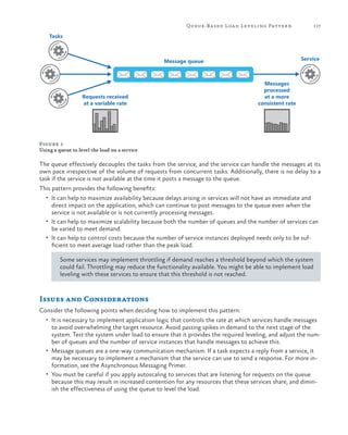 117

Queue-Based Loa d Lev eling Patter n

Tasks

Service

Message queue

Requests received
at a variable rate

Messages
processed
at a more
consistent rate

Figure 1
Using a queue to level the load on a service

The queue effectively decouples the tasks from the service, and the service can handle the messages at its
own pace irrespective of the volume of requests from concurrent tasks. Additionally, there is no delay to a
task if the service is not available at the time it posts a message to the queue.
This pattern provides the following benefits:
•	 It can help to maximize availability because delays arising in services will not have an immediate and

direct impact on the application, which can continue to post messages to the queue even when the
service is not available or is not currently processing messages.
•	 It can help to maximize scalability because both the number of queues and the number of services can
be varied to meet demand.
•	 It can help to control costs because the number of service instances deployed needs only to be sufficient to meet average load rather than the peak load.
Some services may implement throttling if demand reaches a threshold beyond which the system
could fail. Throttling may reduce the functionality available. You might be able to implement load
leveling with these services to ensure that this threshold is not reached.

Issues and Considerations
Consider the following points when deciding how to implement this pattern:
•	 It is necessary to implement application logic that controls the rate at which services handle messages

to avoid overwhelming the target resource. Avoid passing spikes in demand to the next stage of the
system. Test the system under load to ensure that it provides the required leveling, and adjust the number of queues and the number of service instances that handle messages to achieve this.
•	 Message queues are a one-way communication mechanism. If a task expects a reply from a service, it
may be necessary to implement a mechanism that the service can use to send a response. For more information, see the Asynchronous Messaging Primer.
•	 You must be careful if you apply autoscaling to services that are listening for requests on the queue
because this may result in increased contention for any resources that these services share, and diminish the effectiveness of using the queue to level the load.

 