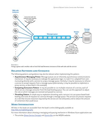 119

Queue-Based Loa d Lev eling Patter n

Web role
instances
Concurrent web role
instances post requests
to a message
queue

Worker
role

Message queue

.
.
.

Storage
service

Consumer
tasks in a worker role
read messages from the
queue and forward them
on to the Storage service
at a controlled rate

Figure 3
Using a queue and a worker role to level the load between instances of the web role and the service

Related Patterns and Guidance
The following patterns and guidance may also be relevant when implementing this pattern:
•	 Asynchronous Messaging Primer. Message queues are an inherently asynchronous communications

mechanism. It may be necessary to redesign the application logic in a task if it is adapted from communicating directly with a service to using a message queue. Similarly, it may be necessary to refactor
a service to accept requests from a message queue (alternatively, it may be possible to implement a
proxy service, as described in the example).
•	 Competing Consumers Pattern. It may be possible to run multiple instances of a service, each of
which act as a message consumer from the load-leveling queue. You can use this approach to adjust
the rate at which messages are received and passed to a service.
•	 Throttling Pattern. A simple way to implement throttling with a service is to use queue-based loadleveling and route all requests to a service through a message queue. The service can process requests
at a rate that ensures resources required by the service are not exhausted, and to reduce the amount
of contention that could occur.

More Information
All links in this book are accessible from the book’s online bibliography available at:
http://aka.ms/cdpbibliography.
For more information about choosing a messaging and queuing mechanism in Windows Azure applications see:
•	 The articles Queue Service Concepts and Service Bus on the MSDN website.

 