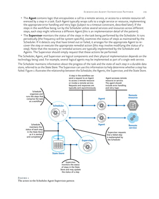 Scheduler Agent Superv isor Patter n

133

•	 The Agent contains logic that encapsulates a call to a remote service, or access to a remote resource ref-

erenced by a step in a task. Each Agent typically wraps calls to a single service or resource, implementing
the appropriate error handling and retry logic (subject to a timeout constraint, described later). If the
steps in the workflow being run by the Scheduler utilize several services and resources across different
steps, each step might reference a different Agent (this is an implementation detail of the pattern).
•	 The Supervisor monitors the status of the steps in the task being performed by the Scheduler. It runs
periodically (the frequency will be system-specific), examines the status of steps as maintained by the
Scheduler. If it detects any that have timed out or failed, it arranges for the appropriate Agent to recover the step or execute the appropriate remedial action (this may involve modifying the status of a
step). Note that the recovery or remedial actions are typically implemented by the Scheduler and
Agents. The Supervisor should simply request that these actions be performed.
The Scheduler, Agent, and Supervisor are logical components and their physical implementation depends on the
technology being used. For example, several logical agents may be implemented as part of a single web service.
The Scheduler maintains information about the progress of the task and the state of each step in a durable data
store, referred to as the State Store. The Supervisor can use this information to help determine whether a step has
failed. Figure 1 illustrates the relationship between the Scheduler, the Agents, the Supervisor, and the State Store.
A step in the workflow can
send a request to an Agent
to access a remote resource
or invoke a remote service.
Requests and responses are
typically sent asynchronously
Scheduler
organizes and
runs the steps that
comprise the task
as a workflow

Agent accesses remote
resource or service.
The agent should
include error handling
and retry logic

Remote
resource

Agent
Scheduler

Agent

Scheduler
maintains the
status of each step
in the State Store
as it is started
and completed

Supervisor

State Store

Supervisor
monitors the status
of steps in the State
Store and may update
the status of a step

Figure 1
The actors in the Scheduler Agent Supervisor pattern

Remote
service
Supervisor requests
that a failed step
is reattempted by
the Scheduler

 