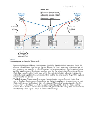 Sh a r ding Patter n

143

Sharding logic:
Map orders for October to shard A
Map orders for November to shard B
Map orders for December to shard C
...
Map orders for ... to shard N

Application
instance

Application
instance

Query: Find
orders placed
in October

Query: Find
orders placed
in December

...
Shard A

Shard B

Shard C

Shard N

Orders are
stored in date/time
sequence in a shard

Figure 2
Storing sequential sets (ranges) of data in shards

In this example, the shard key is a composite key comprising the order month as the most significant
element, followed by the order day and the time. The data for orders is naturally sorted when new orders are created and appended to a shard. Some data stores support two-part shard keys comprising a
partition key element that identifies the shard and a row key that uniquely identifies an item within the
shard. Data is usually held in row key order within the shard. Items that are subject to range queries
and need to be grouped together can use a shard key that has the same value for the partition key but a
unique value for the row key.
•	 The Hash strategy. The purpose of this strategy is to reduce the chance of hotspots in the data. It
aims to distribute the data across the shards in a way that achieves a balance between the size of each
shard and the average load that each shard will encounter. The sharding logic computes the shard in
which to store an item based on a hash of one or more attributes of the data. The chosen hashing
function should distribute data evenly across the shards, possibly by introducing some random element
into the computation. Figure 2 shows an example of this strategy.

 