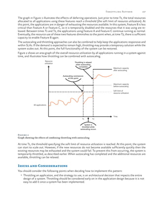 Throttling Pattern

157

The graph in Figure 1 illustrates the effects of deferring operations. Just prior to time T1, the total resources
allocated to all applications using these features reach a threshold (the soft limit of resource utilization). At
this point, the applications are in danger of exhausting the resources available. In this system, Feature B is less
critical than Feature A or Feature C, so it is temporarily disabled and the resources that it was using are released. Between times T1 and T2, the applications using Feature A and Feature C continue running as normal.
Eventually, the resource use of these two features diminishes to the point when, at time T2, there is sufficient
capacity to enable Feature B again.
The autoscaling and throttling approaches can also be combined to help keep the applications responsive and
within SLAs. If the demand is expected to remain high, throttling may provide a temporary solution while the
system scales out. At this point, the full functionality of the system can be restored.
Figure 2 shows an area graph of the overall resource utilization by all applications running in a system against
time, and illustrates how throttling can be combined with autoscaling.
Resource
utilization

Throttling is relaxed
when autoscaling
completes

Maximum capacity
after autoscaling

Autoscaling commences
at this point
Maximum capacity
before autoscaling
Soft limit of
resource utilization

All applications

T1

T2

Time

System is
throttled while
autoscaling occurs

Figure 2
Graph showing the effects of combining throttling with autoscaling

At time T1, the threshold specifying the soft limit of resource utilization is reached. At this point, the system
can start to scale out. However, if the new resources do not become available sufficiently quickly then the
existing resources may be exhausted and the system could fail. To prevent this from occurring, the system is
temporarily throttled, as described earlier. When autoscaling has completed and the additional resources are
available, throttling can be relaxed.

Issues and Considerations
You should consider the following points when deciding how to implement this pattern:
•	 Throttling an application, and the strategy to use, is an architectural decision that impacts the entire

design of a system. Throttling should be considered early on in the application design because it is not
easy to add it once a system has been implemented.

 