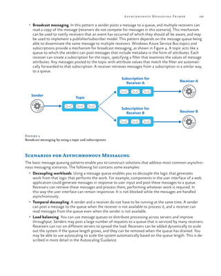 A synchronous Messaging Primer

169

•	 Broadcast messaging. In this pattern a sender posts a message to a queue, and multiple receivers can

read a copy of the message (receivers do not compete for messages in this scenario). This mechanism
can be used to notify receivers that an event has occurred of which they should all be aware, and may
be used to implement a publisher/subscriber model. This pattern depends on the message queue being
able to disseminate the same message to multiple receivers. Windows Azure Service Bus topics and
subscriptions provide a mechanism for broadcast messaging, as shown in Figure 4. A topic acts like a
queue to which the senders can post messages that include metadata in the form of attributes. Each
receiver can create a subscription for the topic, specifying a filter that examines the values of message
attributes. Any messages posted to the topic with attribute values that match the filter are automatically forwarded to that subscription. A receiver retrieves messages from a subscription in a similar way
to a queue.
Subscription for
Receiver A

Subscription for
Receiver B

Sender

Receiver A

Receiver B

Topic

Figure 4
Broadcast messaging by using a topic and subscriptions

Scenarios for Asynchronous Messaging
The basic message queuing patterns enable you to construct solutions that address most common asynchronous messaging scenarios. The following list contains some examples:
•	 Decoupling workloads. Using a message queue enables you to decouple the logic that generates

work from that logic that performs the work. For example, components in the user interface of a web
application could generate messages in response to user input and post these messages to a queue.
Receivers can retrieve these messages and process them, performing whatever work is required. In
this way the user interface can remain responsive. It is not blocked while the messages are handled
asynchronously.
•	 Temporal decoupling. A sender and a receiver do not have to be running at the same time. A sender
can post a message to the queue when the receiver is not available to process it, and a receiver can
read messages from the queue even when the sender is not available.
•	 Load balancing. You can use message queues to distribute processing across servers and improve
throughput. Senders may post a large number of requests to a queue that is serviced by many receivers.
Receivers can run on different servers to spread the load. Receivers can be added dynamically to scale
out the system if the queue length grows, and they can be removed when the queue has drained. You
may be able to use autoscaling to scale the system automatically based on the queue length. This is described in more detail in the Autoscaling Guidance.

 