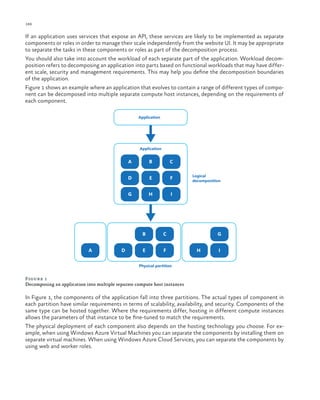 186

ch a pter one

If an application uses services that expose an API, these services are likely to be implemented as separate
components or roles in order to manage their scale independently from the website UI. It may be appropriate
to separate the tasks in these components or roles as part of the decomposition process.
You should also take into account the workload of each separate part of the application. Workload decomposition refers to decomposing an application into parts based on functional workloads that may have different scale, security and management requirements. This may help you define the decomposition boundaries
of the application.
Figure 1 shows an example where an application that evolves to contain a range of different types of component can be decomposed into multiple separate compute host instances, depending on the requirements of
each component.
Application

Application

A

B

C

D

E

F

G

H

I

B
A

D

C

E

F

Logical
decomposition

G
H

I

Physical partition

Figure 1
Decomposing an application into multiple separate compute host instances

In Figure 1, the components of the application fall into three partitions. The actual types of component in
each partition have similar requirements in terms of scalability, availability, and security. Components of the
same type can be hosted together. Where the requirements differ, hosting in different compute instances
allows the parameters of that instance to be fine-tuned to match the requirements.
The physical deployment of each component also depends on the hosting technology you choose. For example, when using Windows Azure Virtual Machines you can separate the components by installing them on
separate virtual machines. When using Windows Azure Cloud Services, you can separate the components by
using web and worker roles.

 
